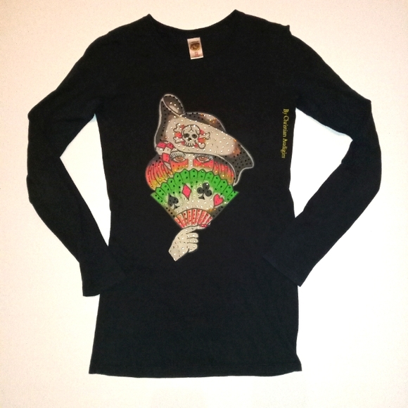 Ed Hardy Tops - Ed Hardy Embellished Sailor Poker Tattoo Lady Long Sleeve Tee Navy Blue M y2k